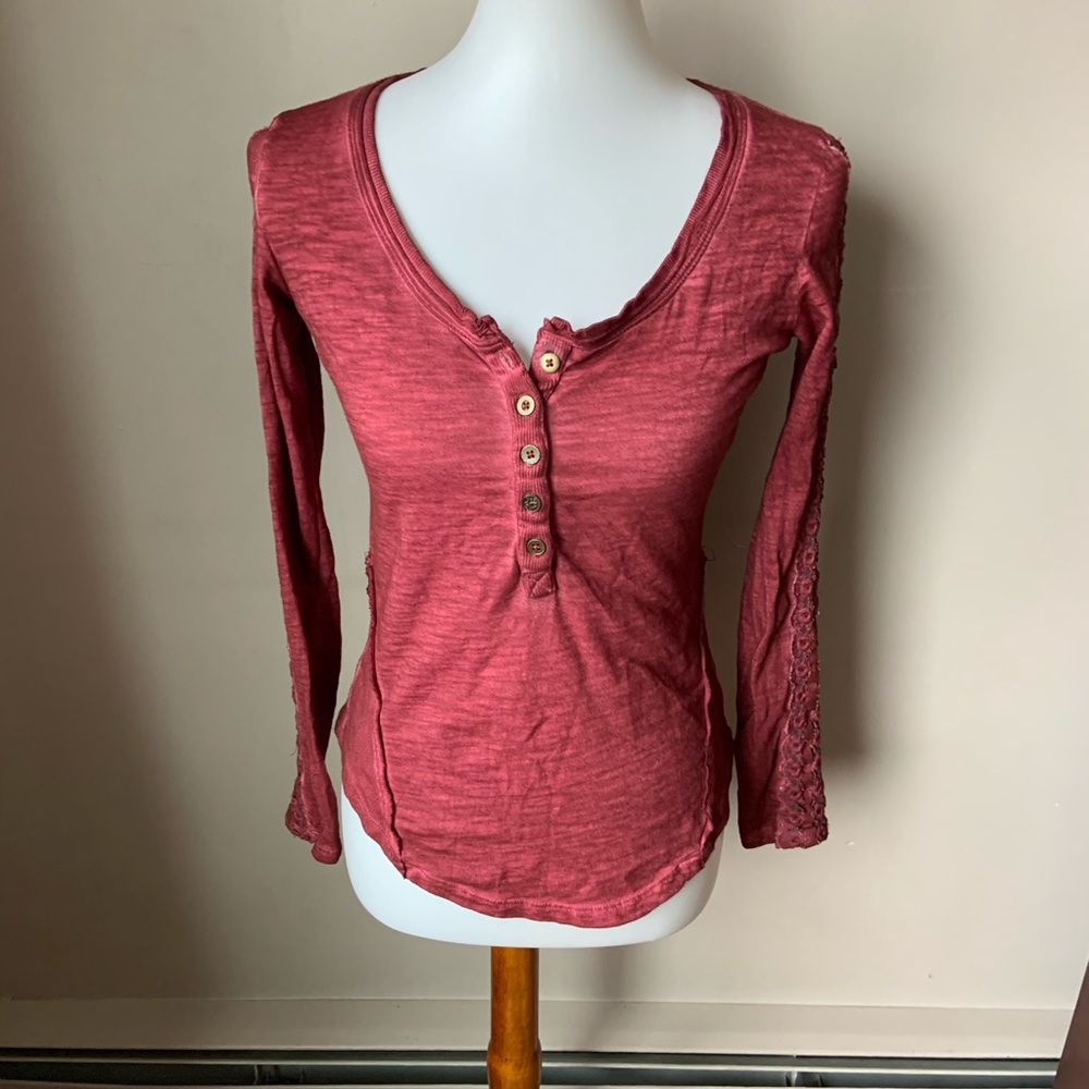 Free People Acid Wash Lace Sleeve Henley Top